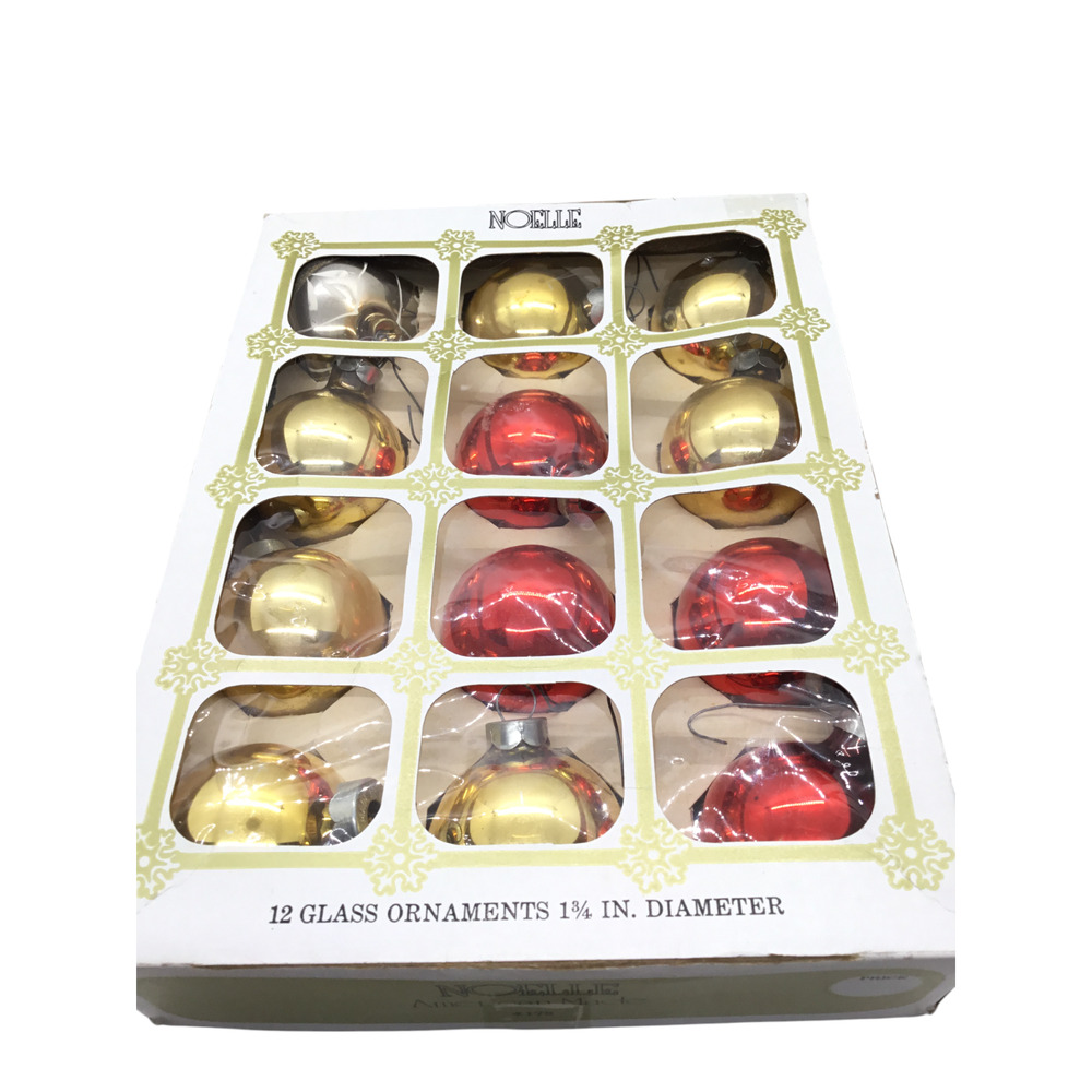 Vintage Noelle Mercury Glass Christmas Ornaments, Set of 12, 1 3/4" Dia Gold/Red